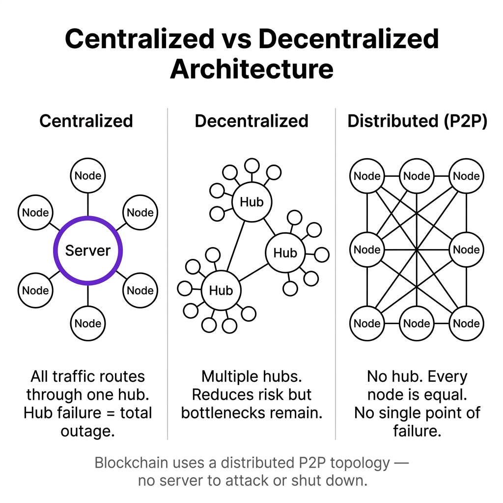 Centralized vs Decentralized vs Distributed network topologies