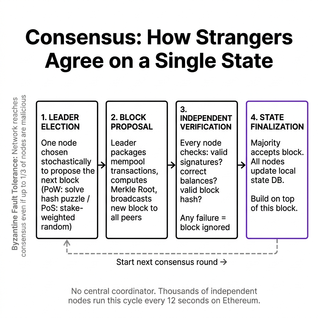 Consensus flow — leader election, block proposal, independent verification, finalization