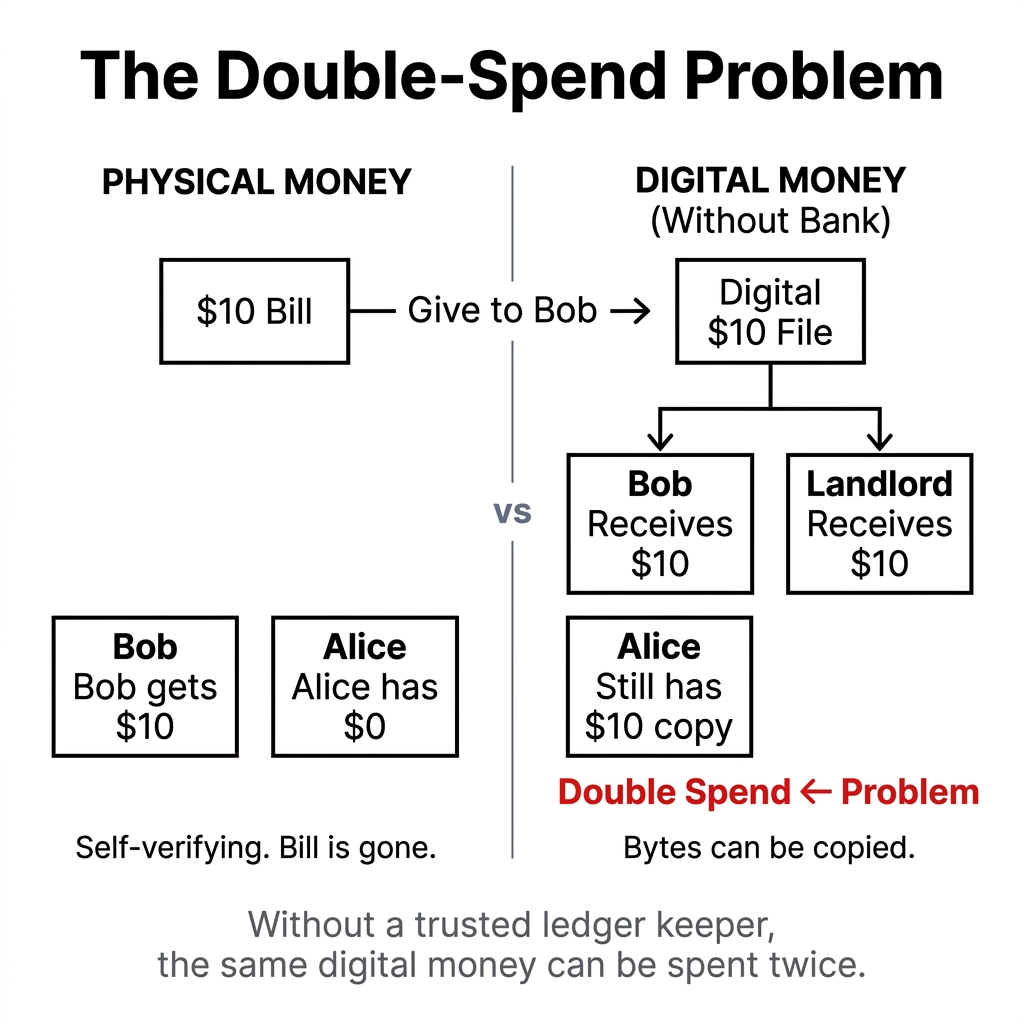 The Double-Spend Problem — why digital money requires a trusted ledger