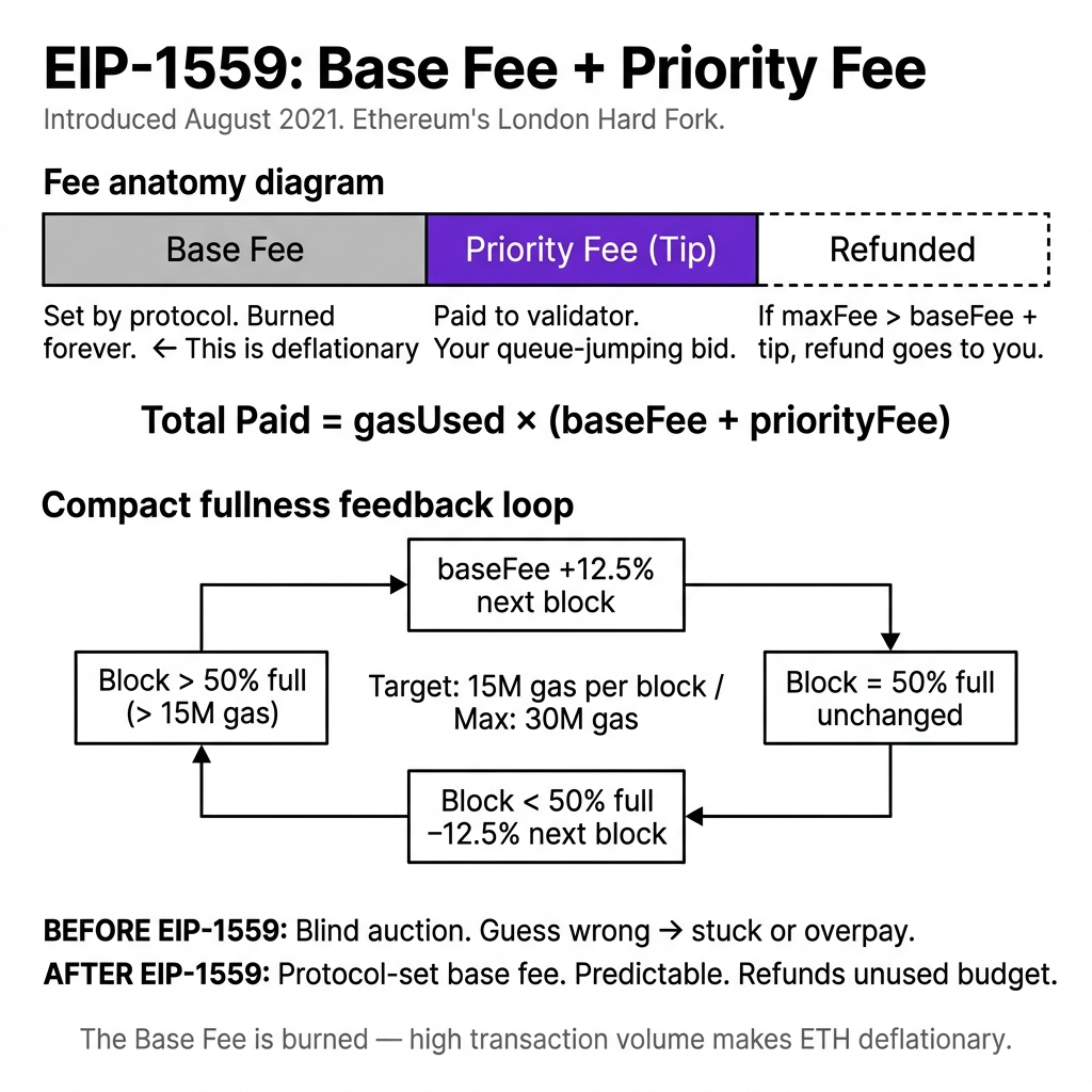 EIP-1559 gas mechanics — base fee burn, priority fee, and elastic block size