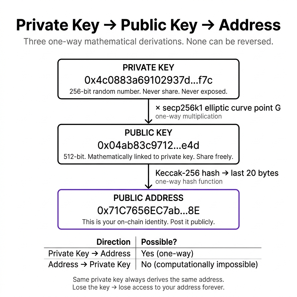 Key derivation chain — private key to public key to Ethereum address