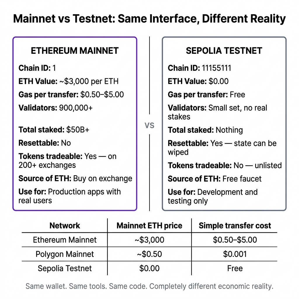 Mainnet vs Testnet — economic reality, chain IDs, and value comparison