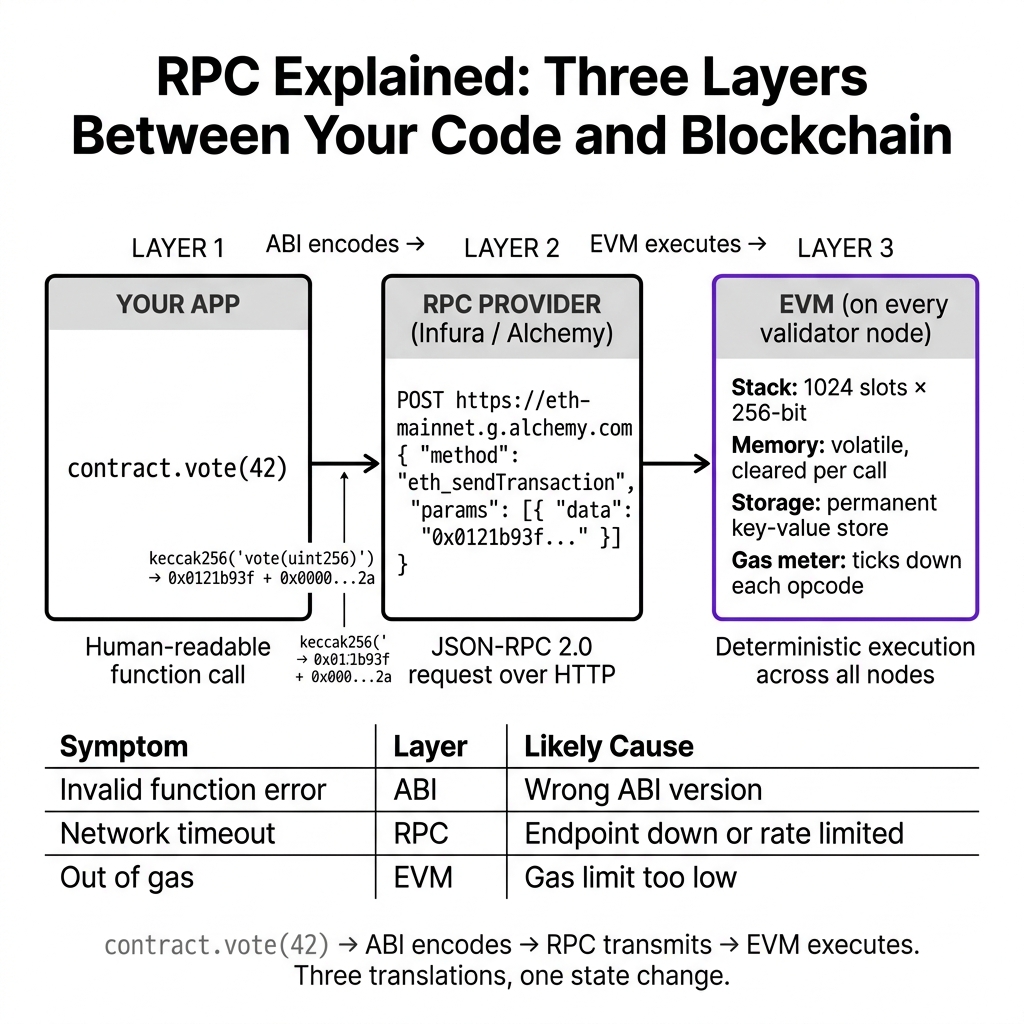RPC, ABI, and EVM — the three invisible layers between your code and the blockchain