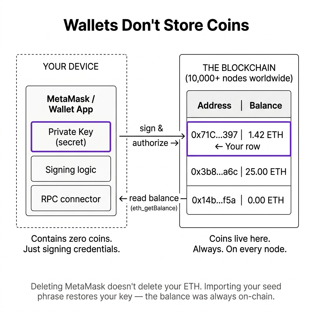 Wallet vs Blockchain — where coins actually live