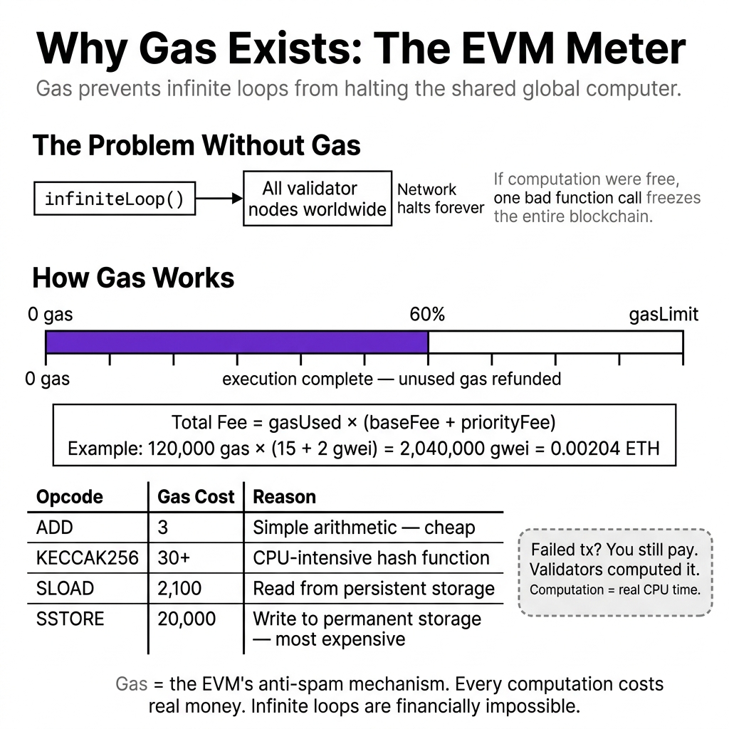 Why gas exists — EVM opcode pricing and the infinite loop prevention mechanism