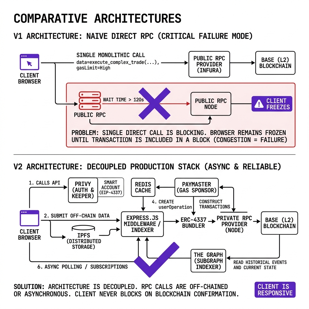 Socio3 V1 Direct RPC Fail vs Socio3 V2 Decoupled Production Stack